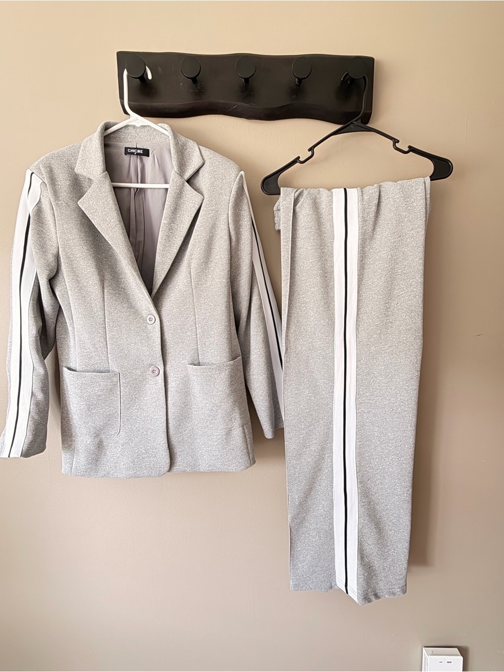 chic Gray Blazer & Striped Track Pants Set